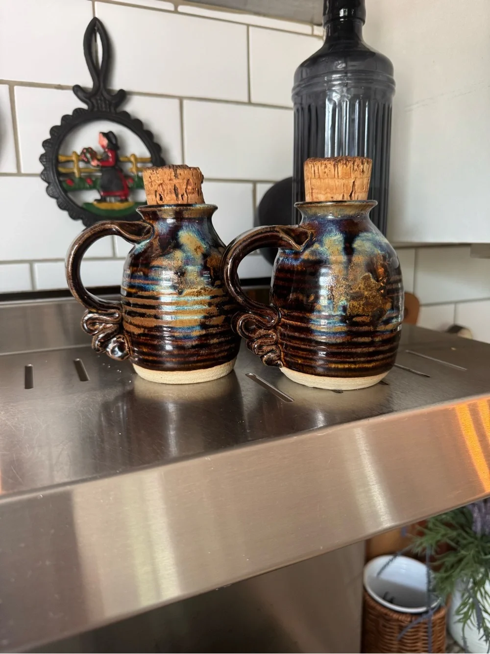 Vintage Pottery Handmade Salt and Pepper Shakers with Handles